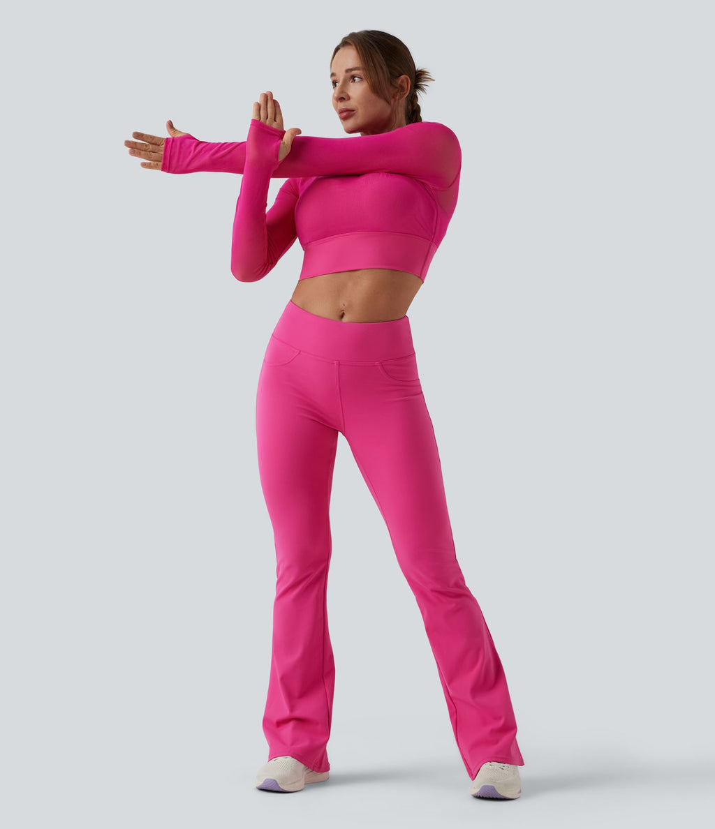 Haut de sport yoga cropped 2-en-1 manches longues mesh contrastant à trous pouces