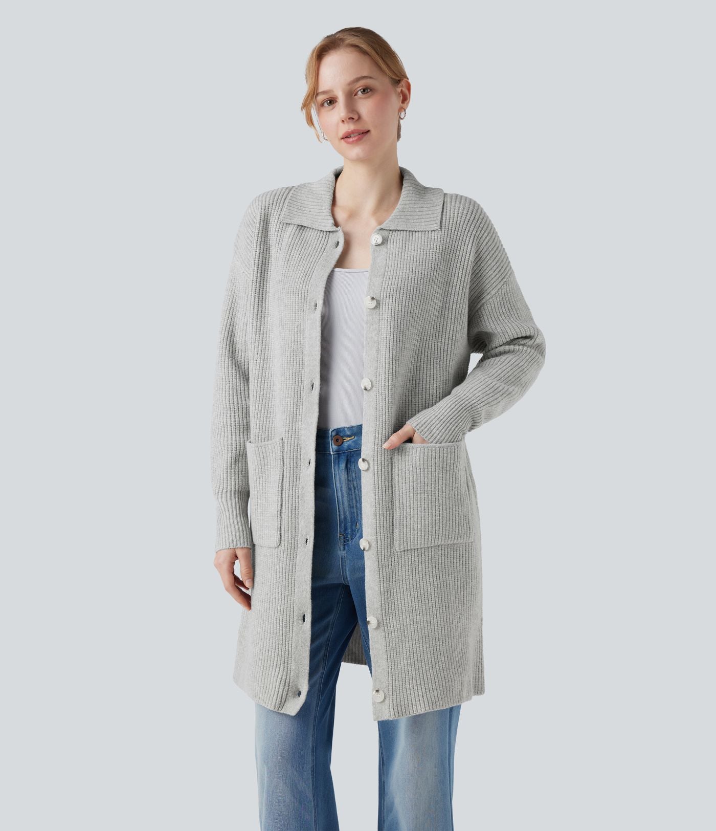 Gilet long casual col manches longues boutonné avec poches