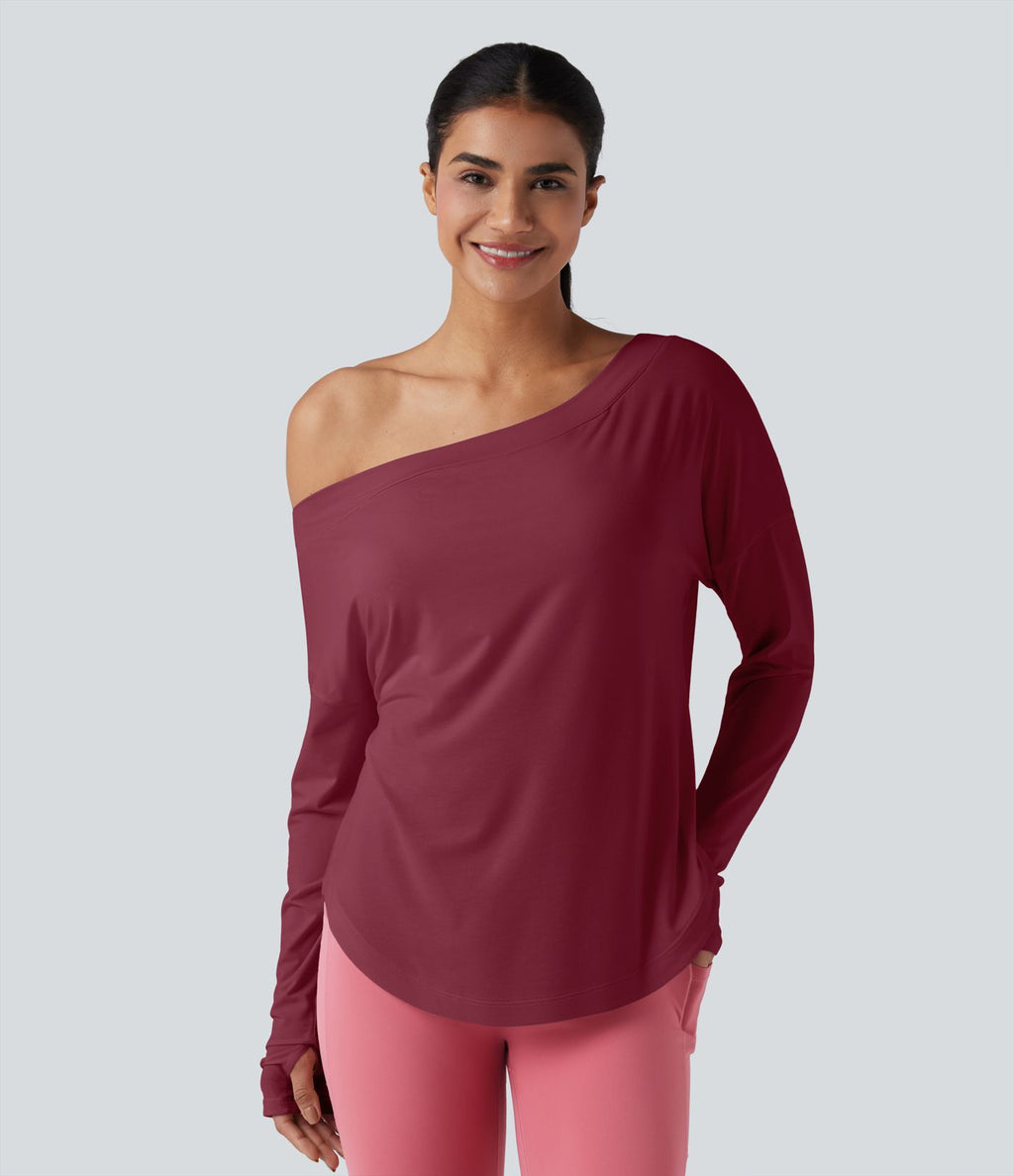 Top de sport yoga une épaule séchage rapide ourlet arrondi asymétrique manches longues avec trous pouces - Brassière intégrée