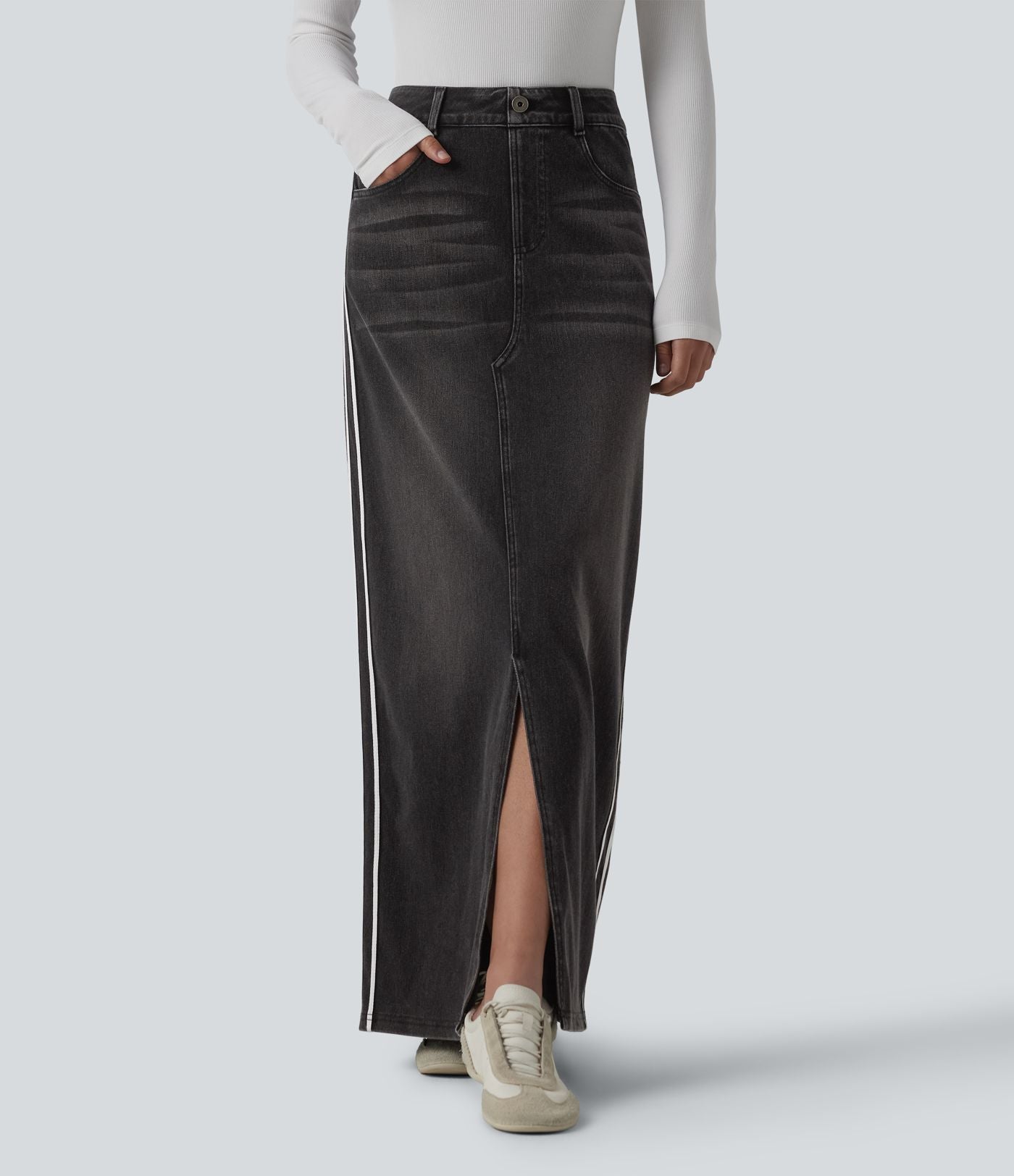 Jupe en jean longue décontractée délavée à rayures taille haute Halara Flex™ avec poches