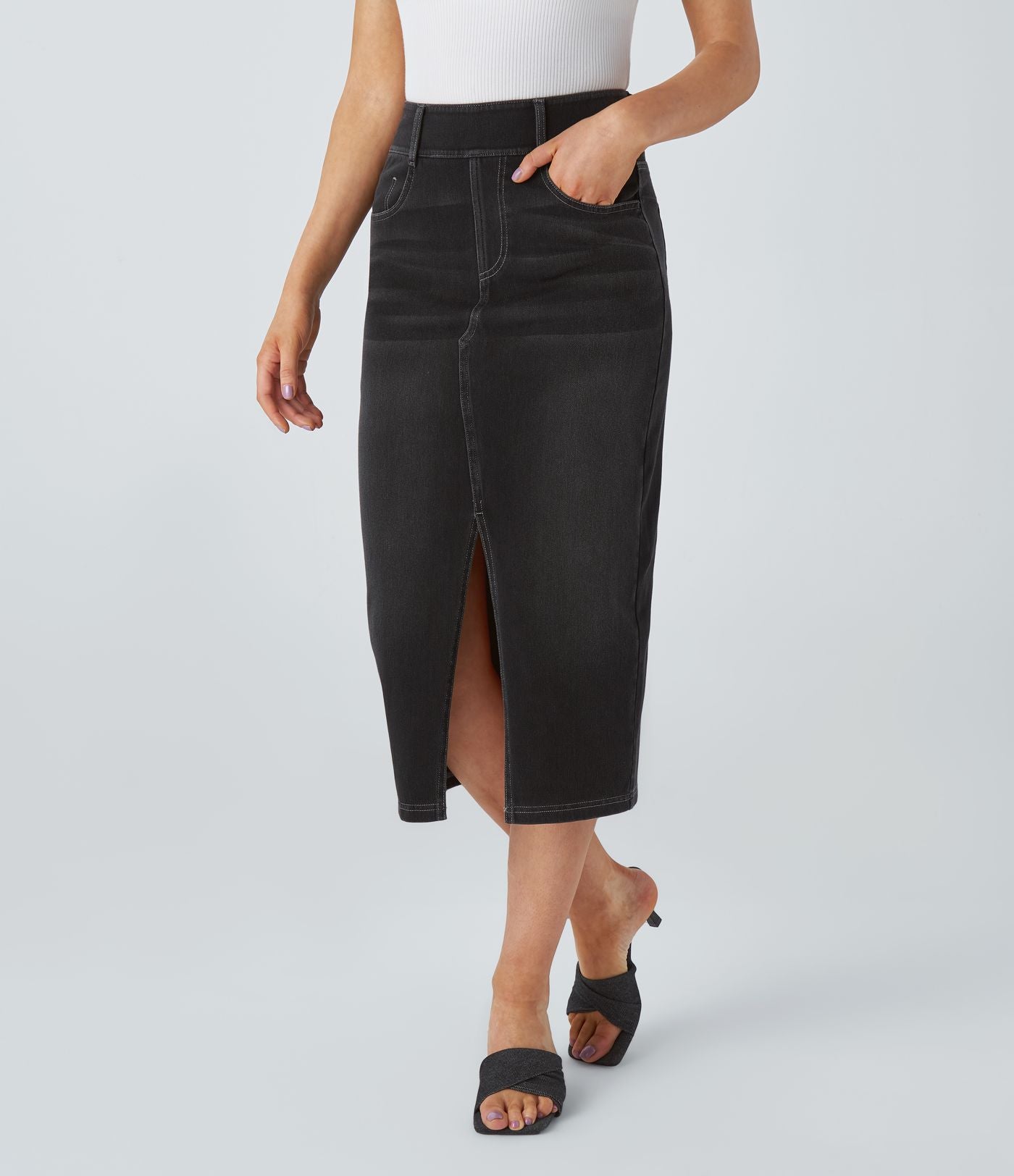 Halara Flex™ Jupe en Jean Casual Mi-Longue Délavé Extensible Plusieurs Poches Taille Haute