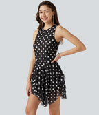 Robe mini à pois sans manches à col rond, avec superposition asymétrique et short amovible avec poche