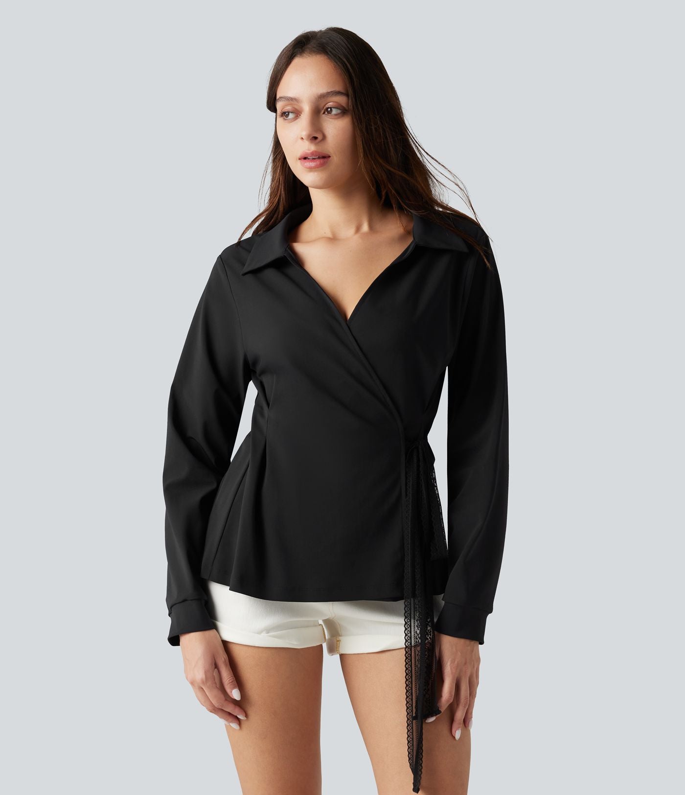 Chemise de travail à manches longues, à lacets contrastés sur les côtés, infroissable et à séchage rapide