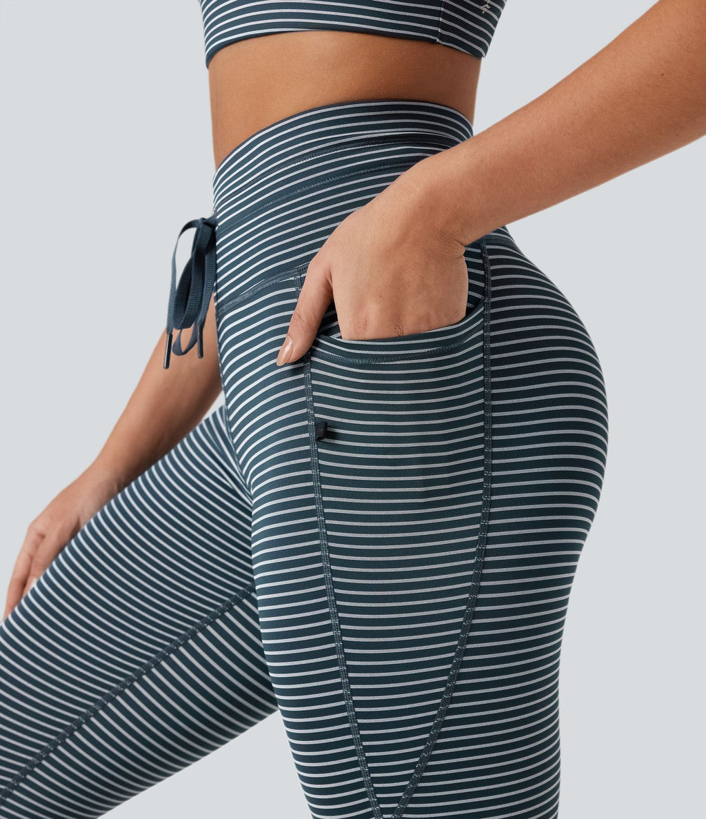 Legging de yoga rayé taille haute avec cordon de serrage et poches