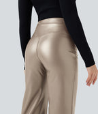 Pantalon similicuir évasé gainant taille haute stretch avec poches