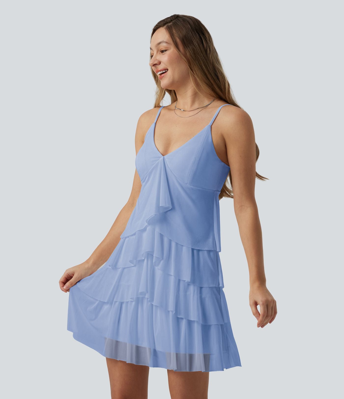 Robe nuisette courte décontractée à volants, dos nu croisé, empiècement en résille, brassière intégrée et poches