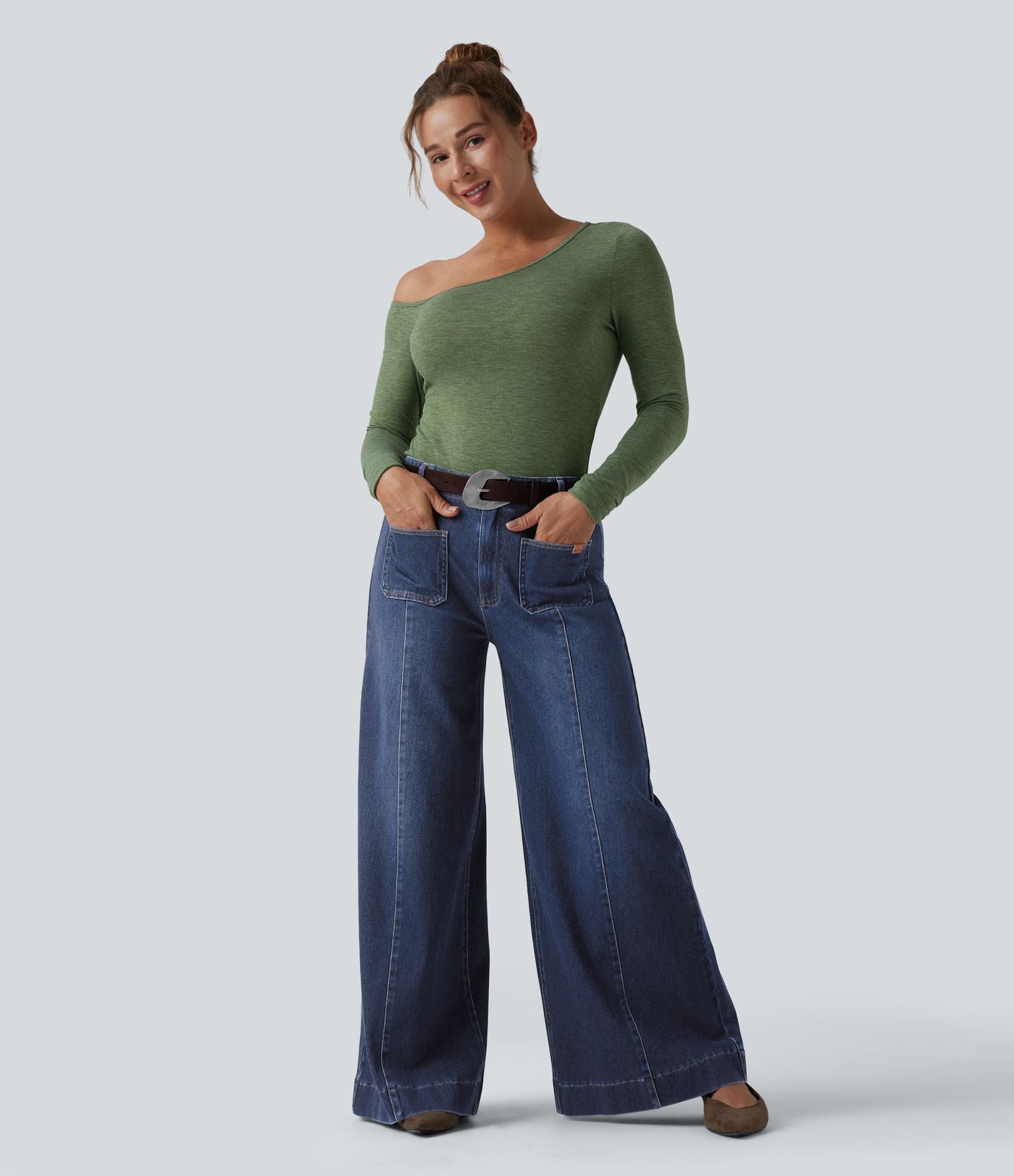 Halara Flex™ Jean large Palazzo et Taille Haute avec Poches Avant en Tricot Extensible Lavé