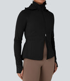 Veste randonnée capuche amovible double zip cordon de serrage avec trous pouces et poches