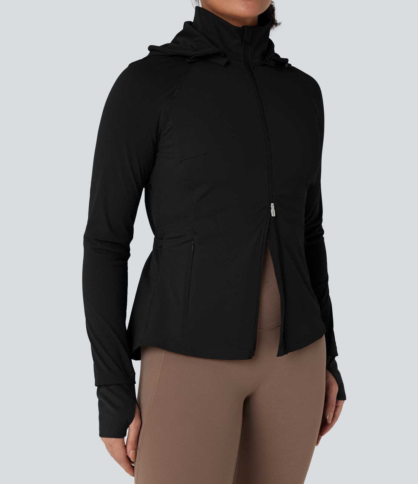 Veste randonnée capuche amovible double zip cordon de serrage avec trous pouces et poches