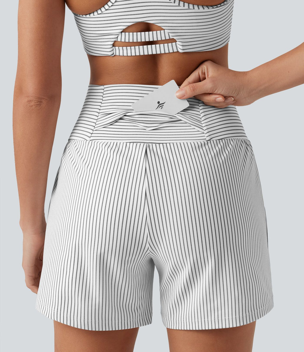 Short de yoga 2-en-1 à rayures, taille très haute, 12,5 cm, à poches