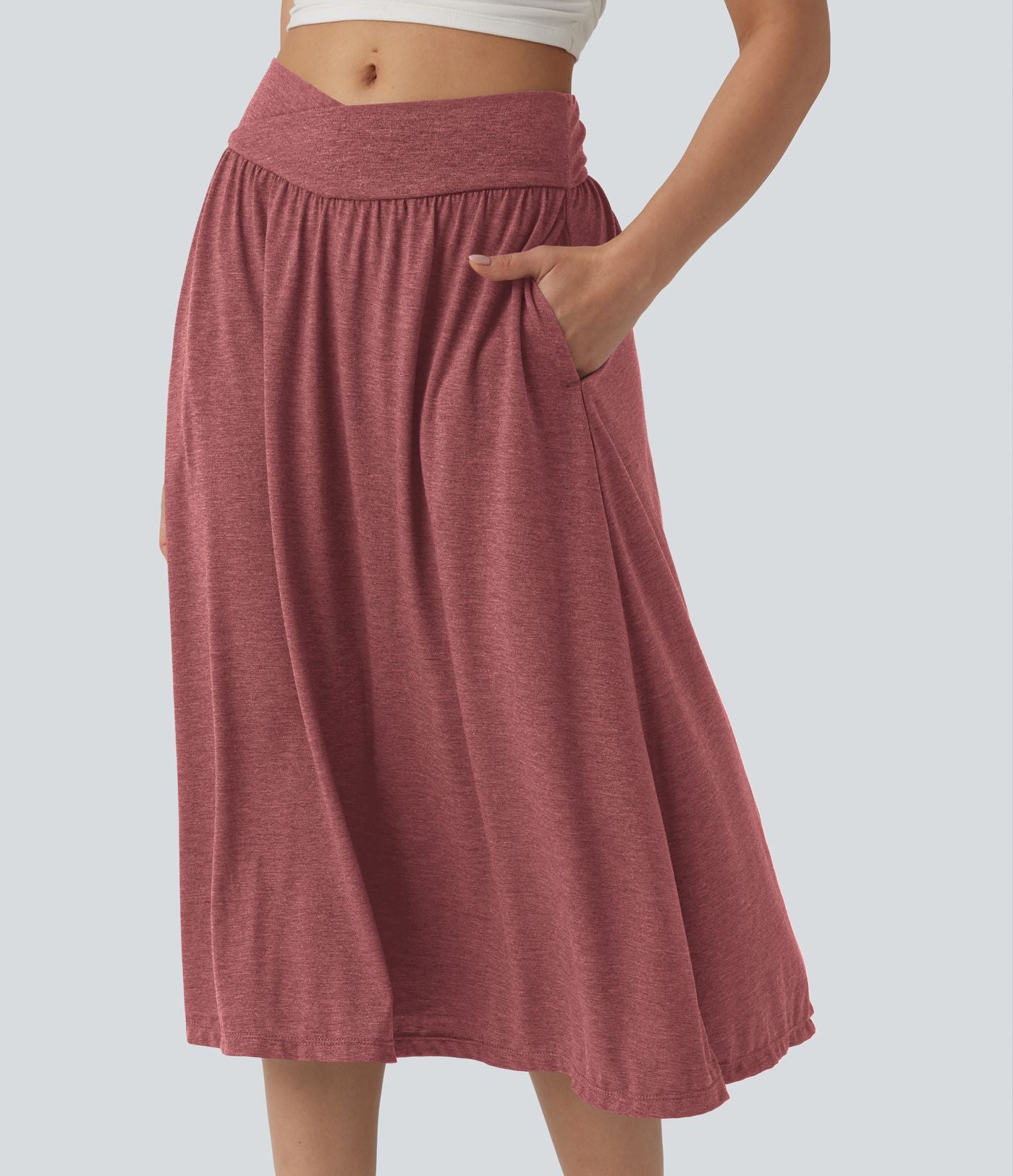 Jupe midi casual fluide croisée taille haute avec poches