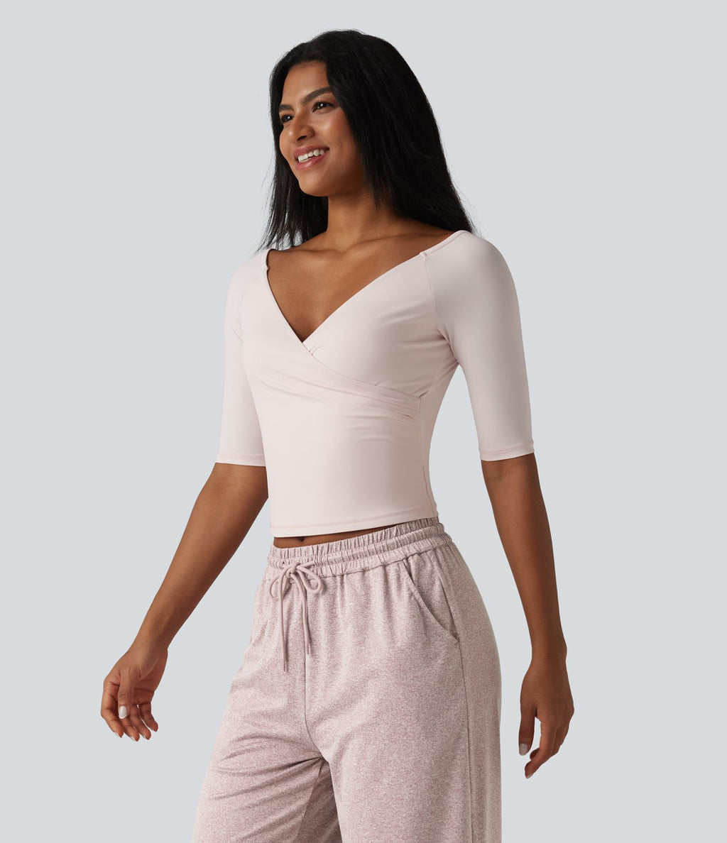 Haut décontracté col V croisé manches mi-longues coupe ultra-ajustée effet frais InstantCool, protection solaire UPF50+