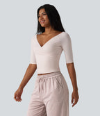 Haut décontracté col V croisé manches mi-longues coupe ultra-ajustée effet frais InstantCool, protection solaire UPF50+