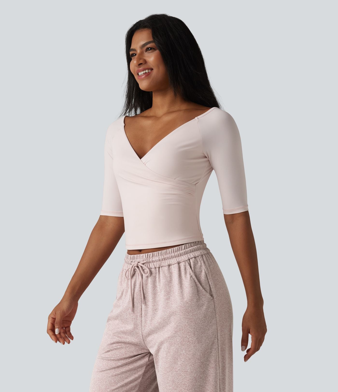 Haut décontracté col V croisé manches mi-longues coupe ultra-ajustée effet frais InstantCool, protection solaire UPF50+