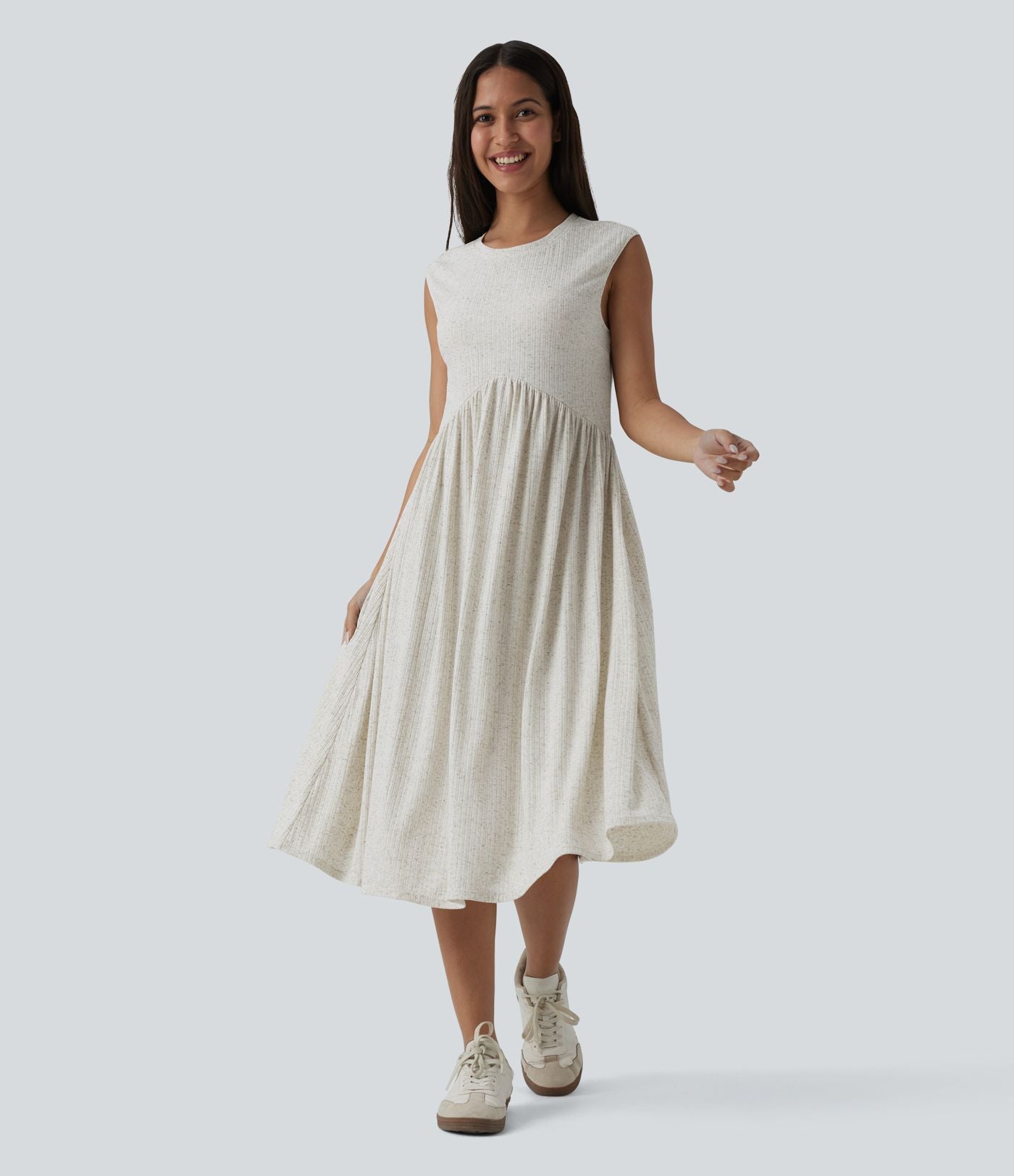 Robe midi fluide décontractée maille côtelée mélange lin col rond sans manches