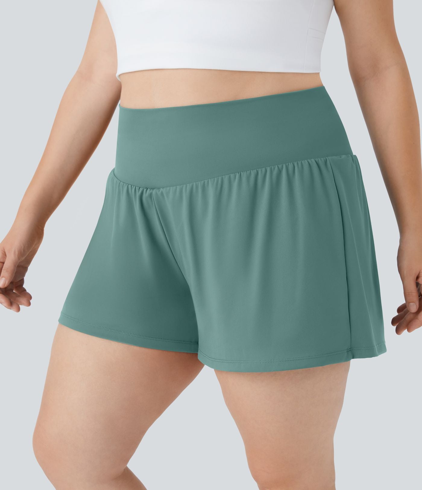 Short Yoga 10cm Plus Longue Taille Ultra Haute 2 en 1 Poche Arrière Poche Cachée Latérale Grande Taille