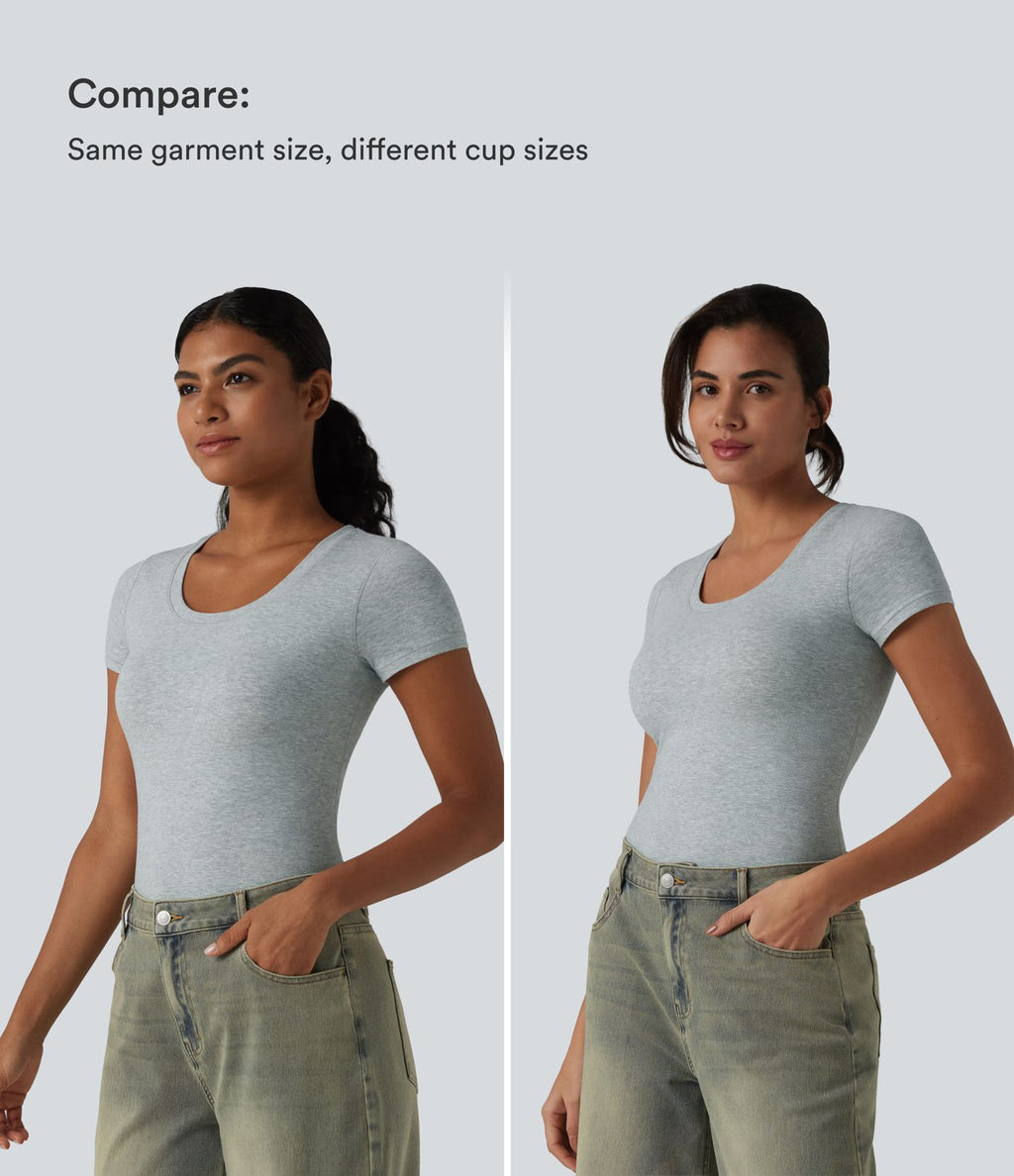 Halara T-shirt en jersey de coton col rond échancré manches courtes avec soutien-gorge intégré bonnets B-DD