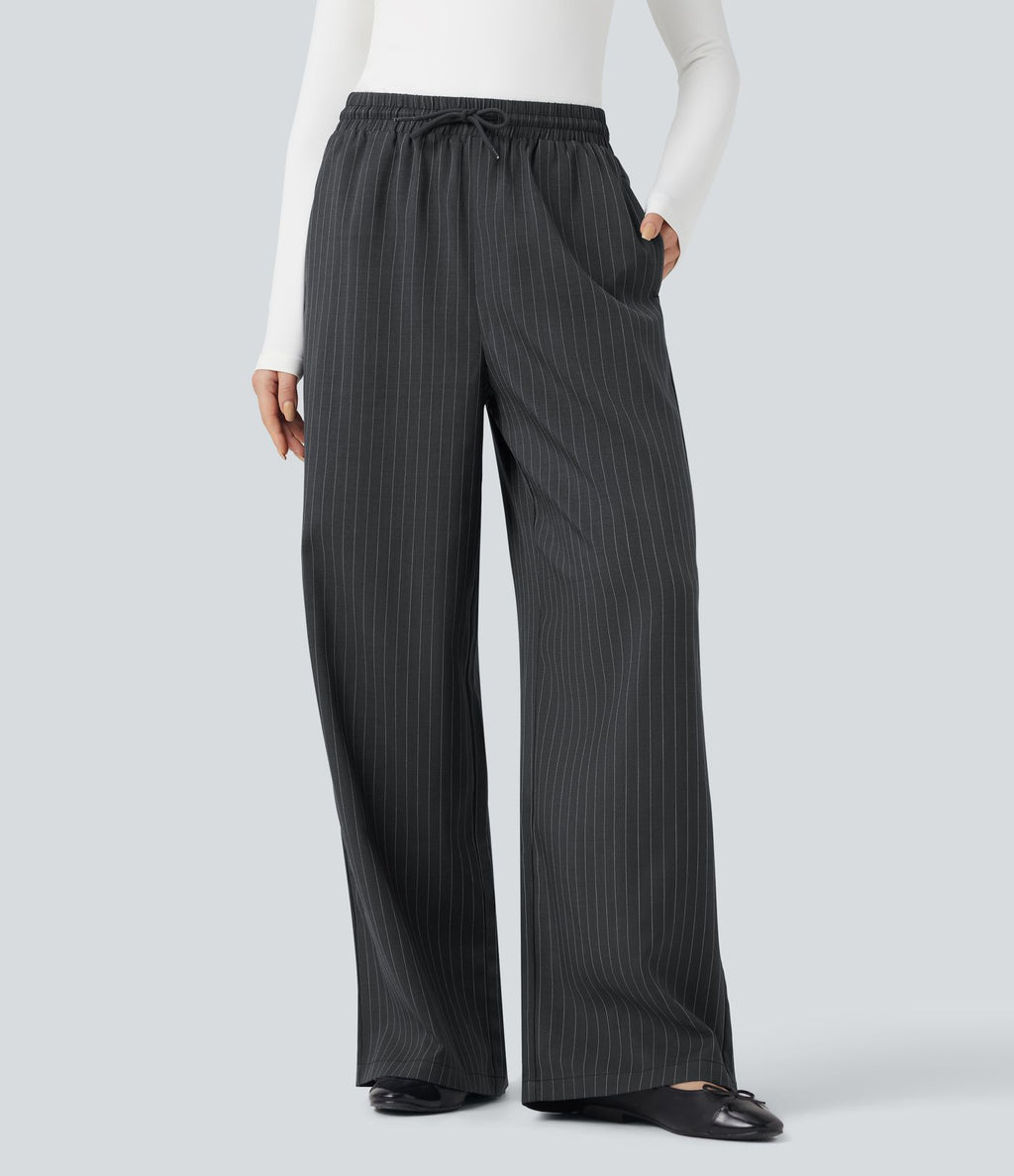 Pantalon décontracté large rayé taille haute avec cordon et poches