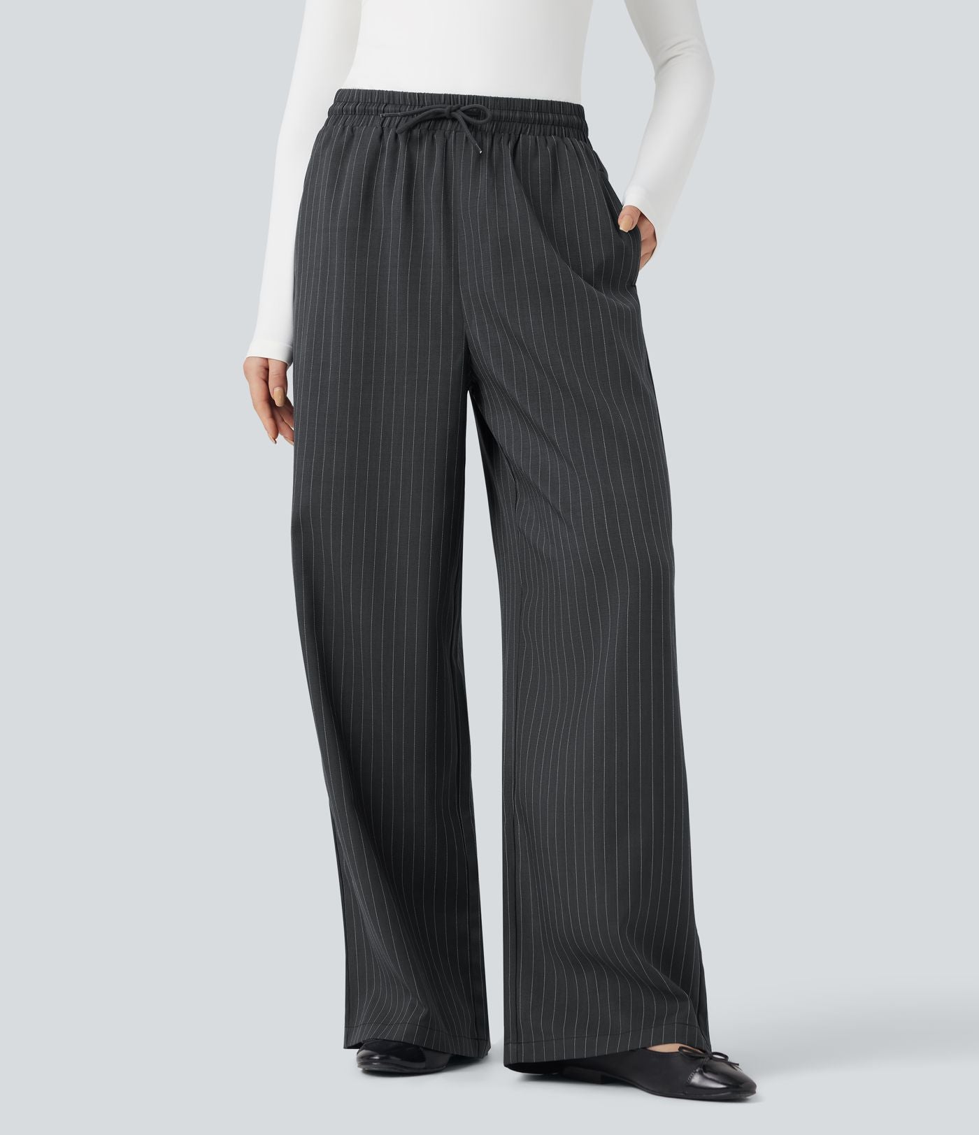 Pantalon décontracté large rayé taille haute avec cordon et poches