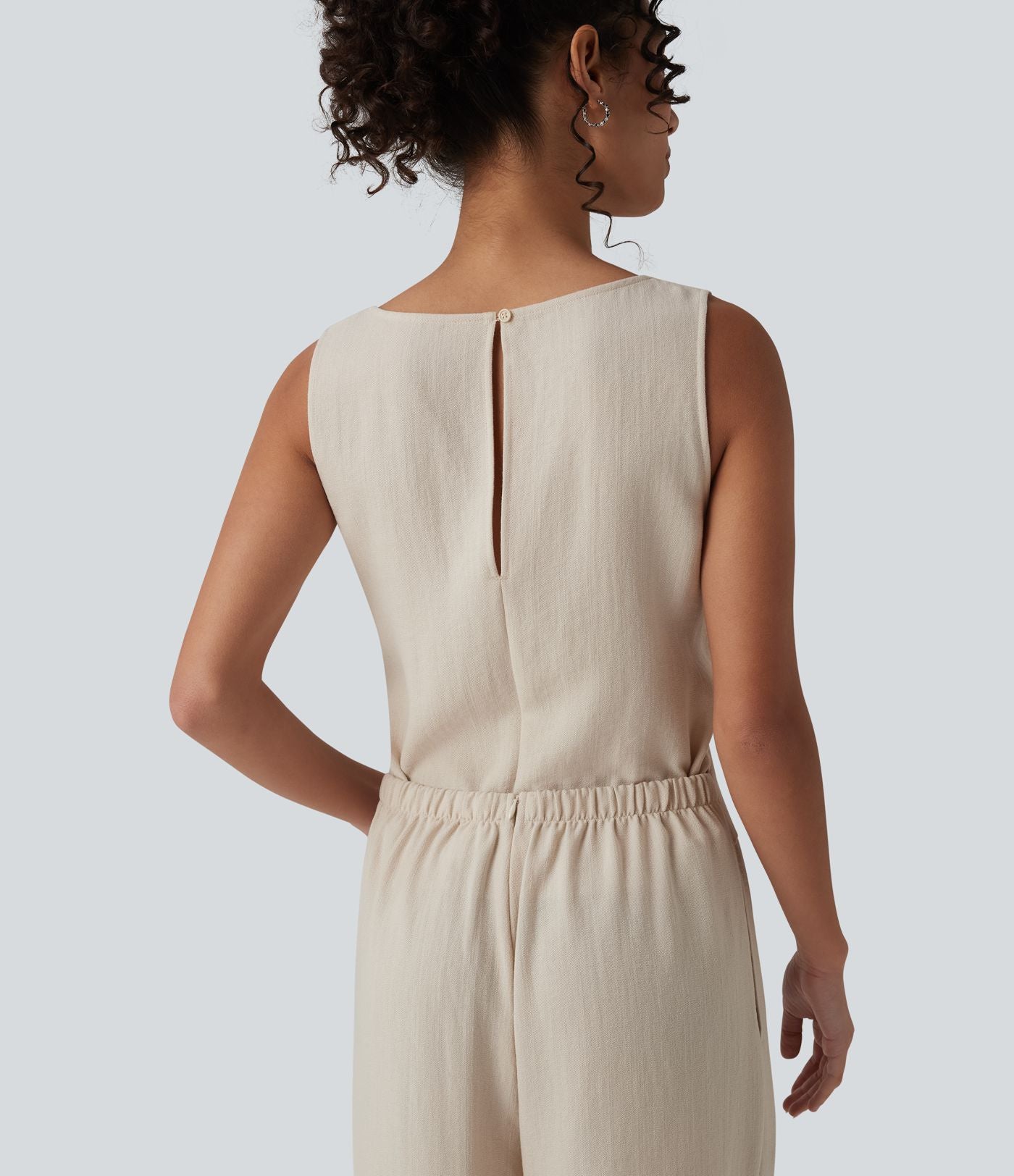 Combinaison casual aspect lin col rond échancré sans manches avec nœud frontal et poches – Easy Peasy