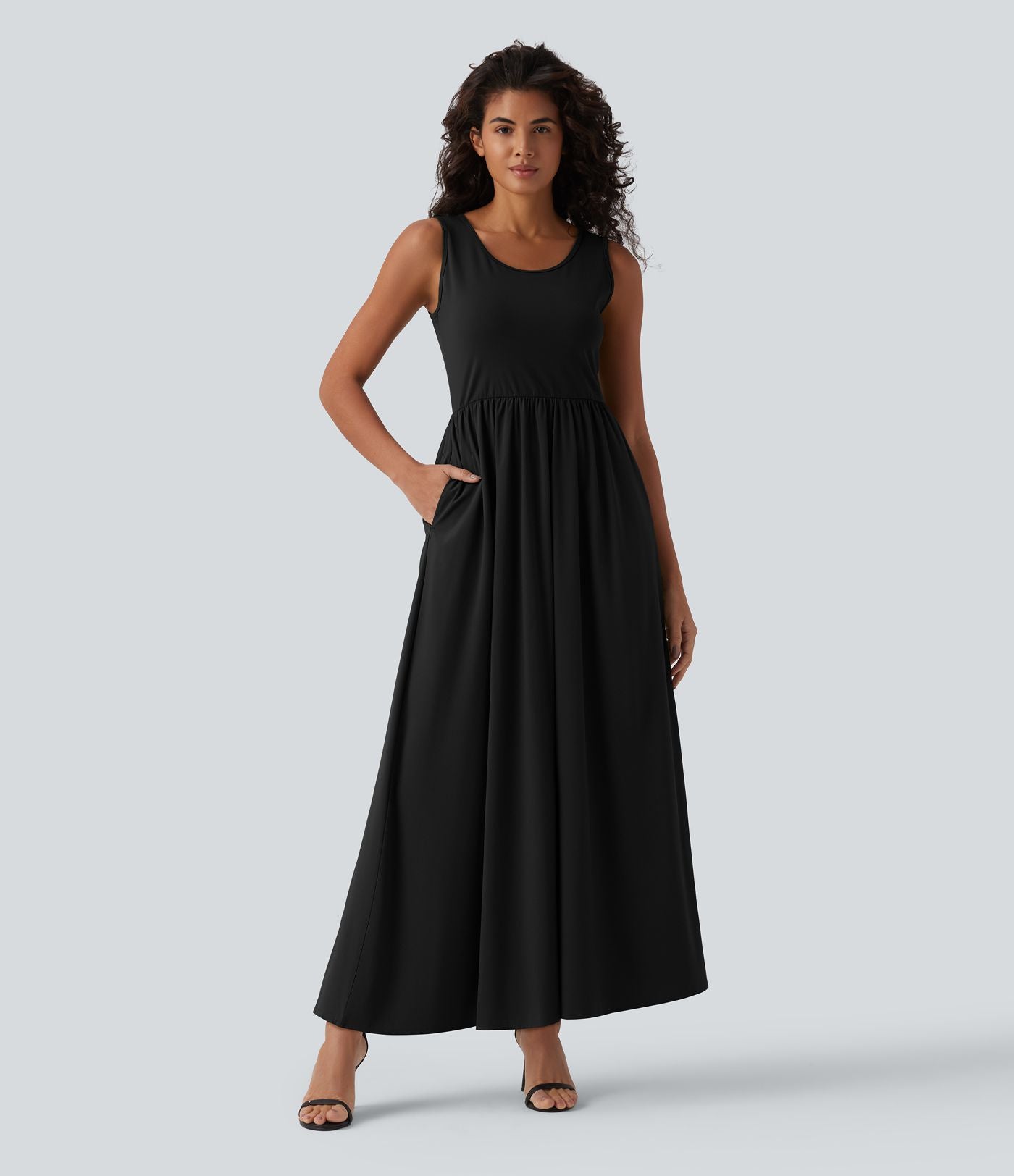 Robe longue fluide casual col U sans manches avec poches