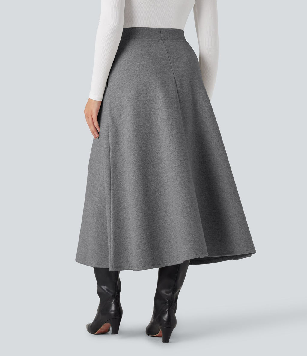 Jupe mi-longue évasée polaire taille haute avec poches