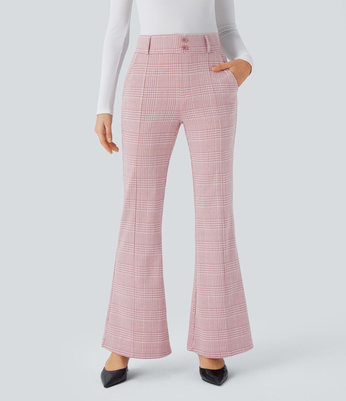 Halara Flex™ Pantalon tailleur évasé à carreaux pied-de-poule, taille haute avec boutons décoratifs et poches latérales