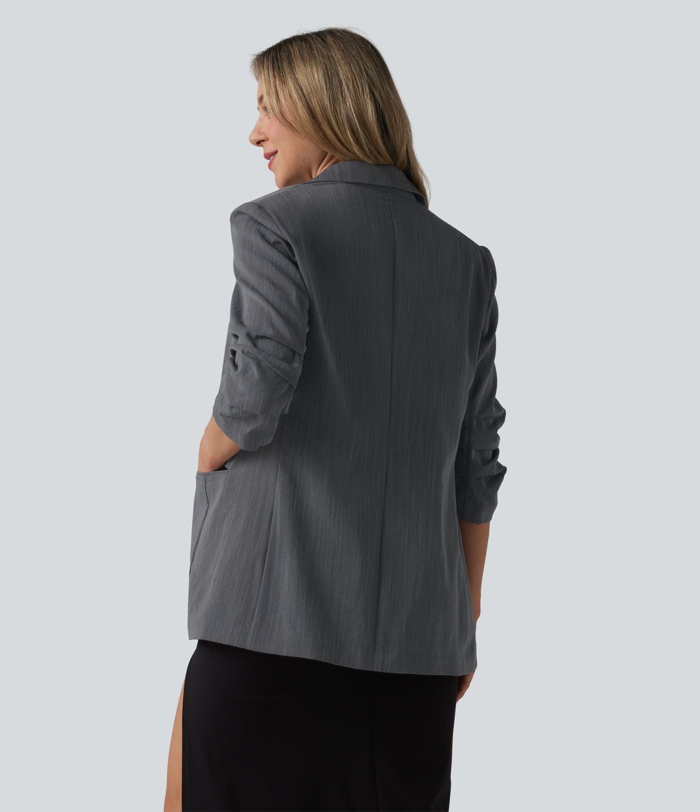 Blazer à manches 3/4 froncées, aspect lin, avec poches, idéal pour le bureau