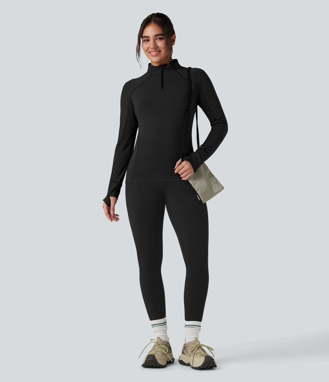 Top de sport randonnée polaire col montant demi-zip manches longues avec trous pouces
