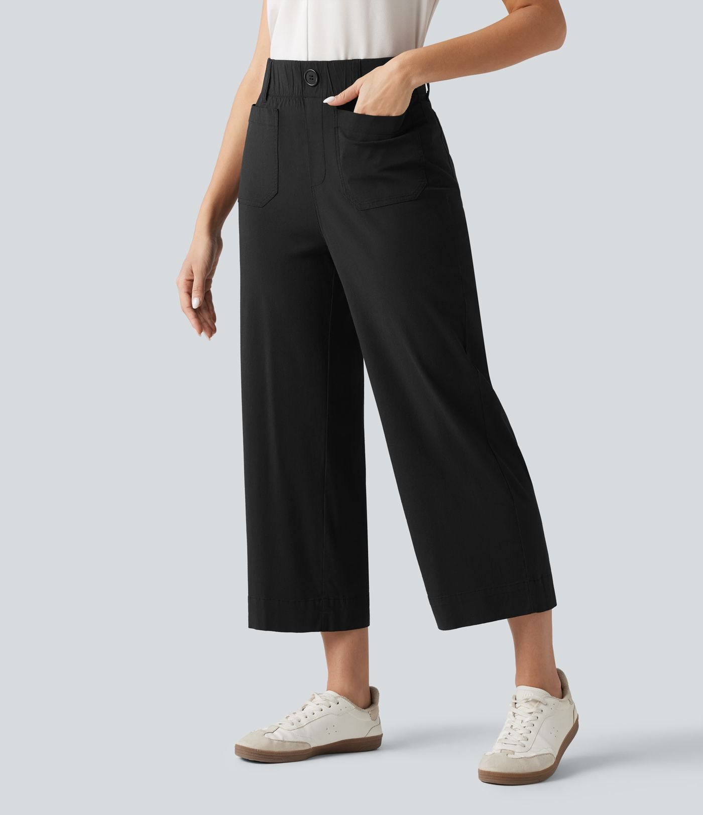 Pantalon large fluide court décontracté taille haute en lin stretch avec poches