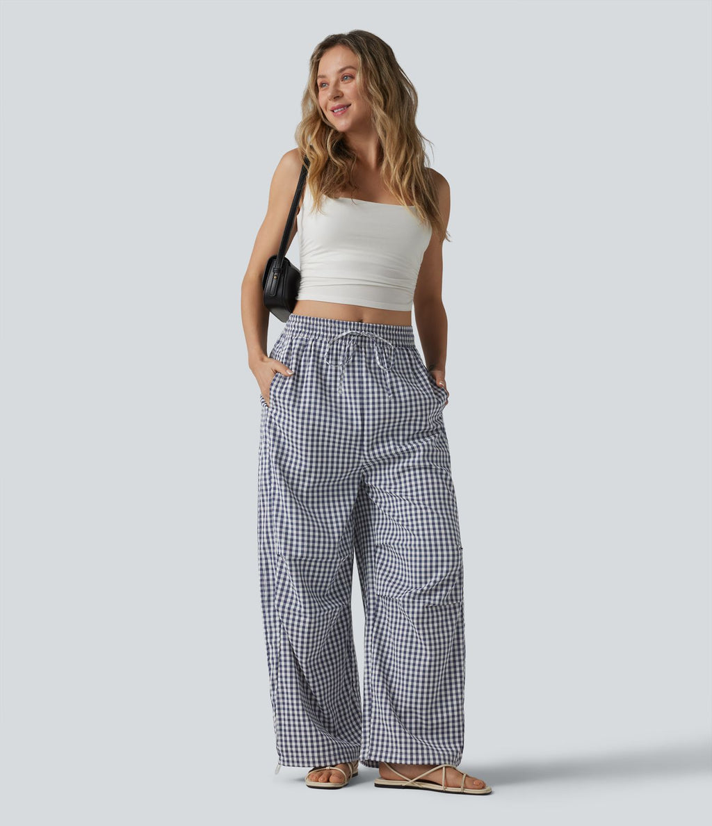 Pantalon ample décontracté à carreaux vichy, taille mi-haute, cordon de serrage et poches