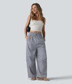 Pantalon ample décontracté à carreaux vichy, taille mi-haute, cordon de serrage et poches