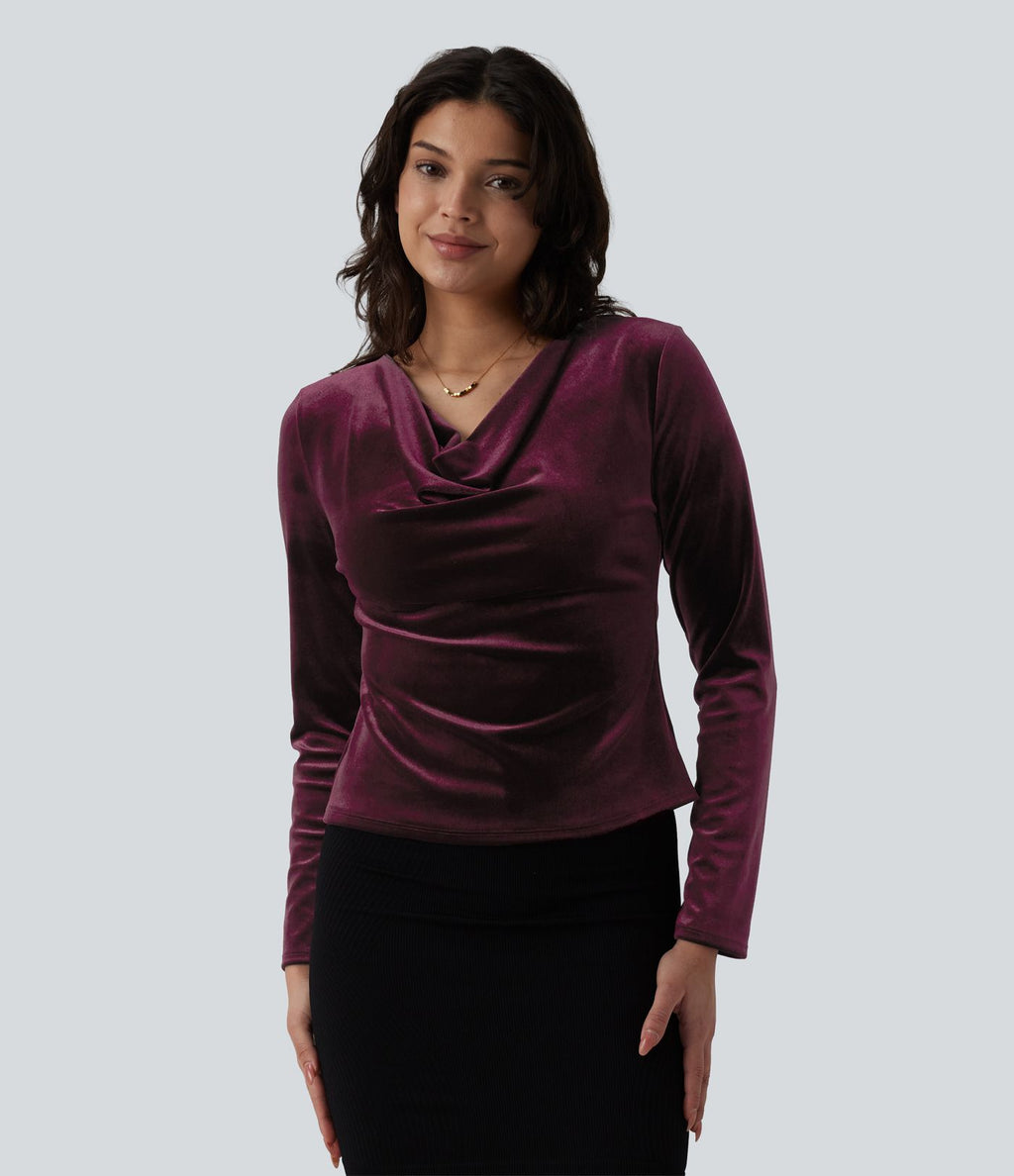 Top velours col drapé manches longues