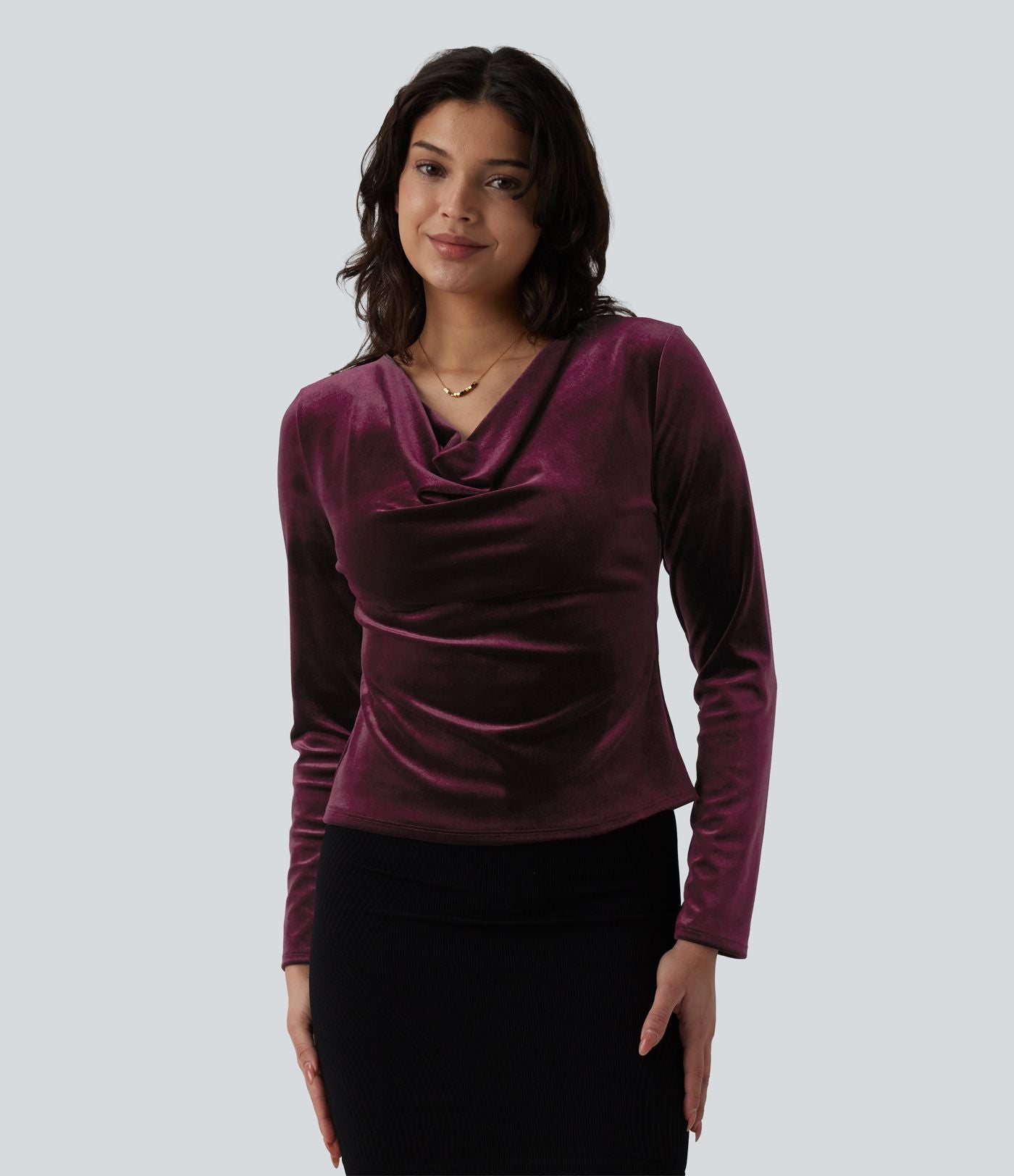 Top velours col drapé manches longues