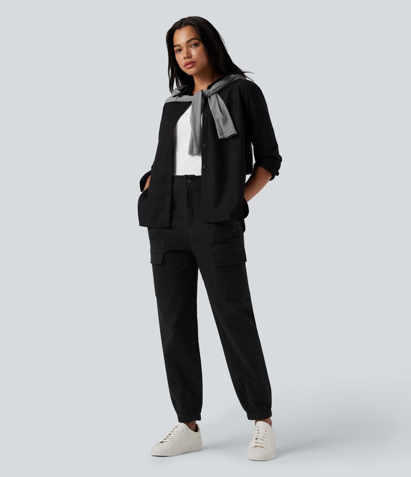 Jogging cargo chino coton taille haute avec poches