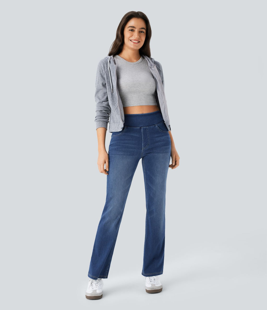 Halara Flex™ Jean bootcut décontracté extensible délavé taille haute à poches multiples