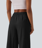 Pantalon large décontracté court taille haute avec poches