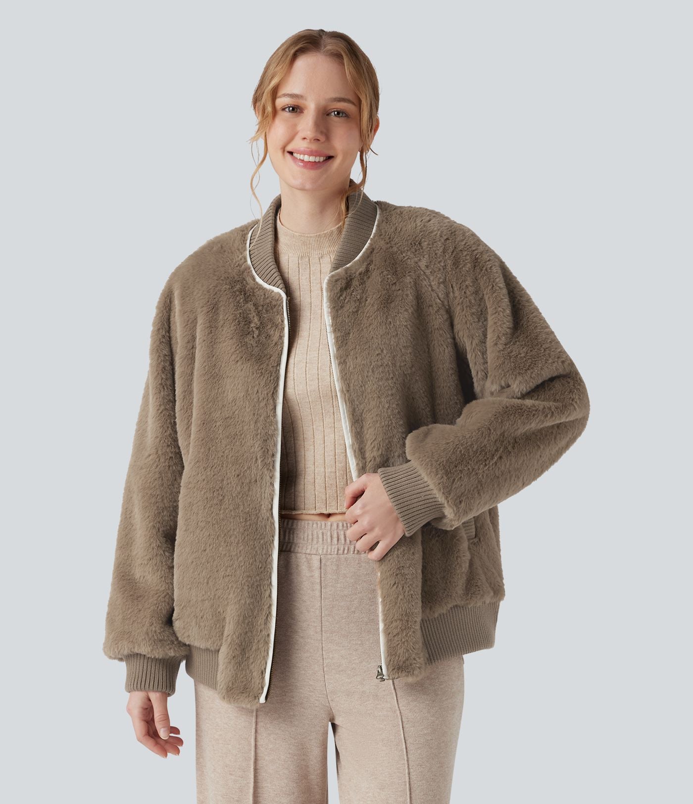 Veste bomber sherpa zippée à manches longues avec poches