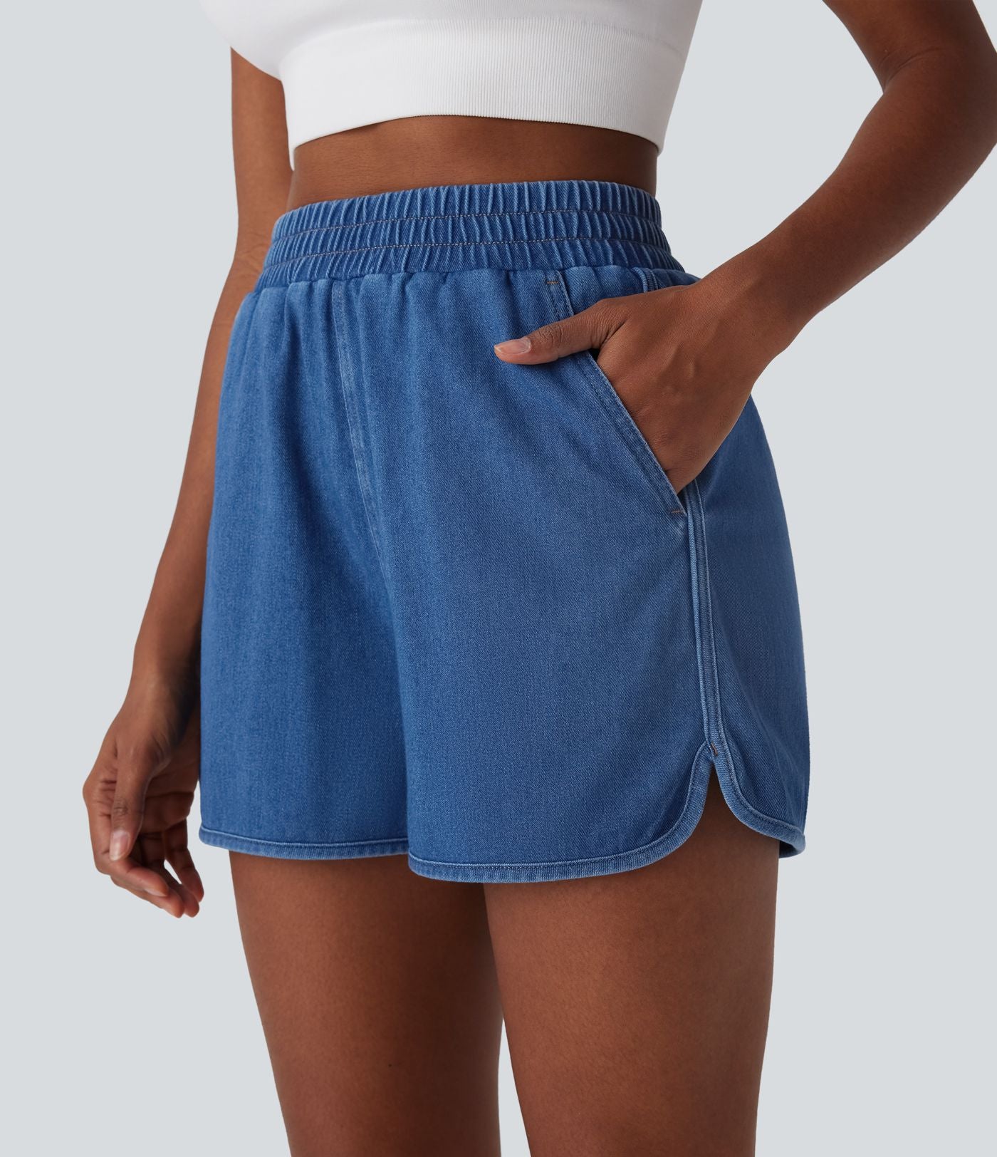 Short en jean extensible délavé Halara Flex™ taille haute avec ourlet arrondi fendu effet frais InstantCool et poches