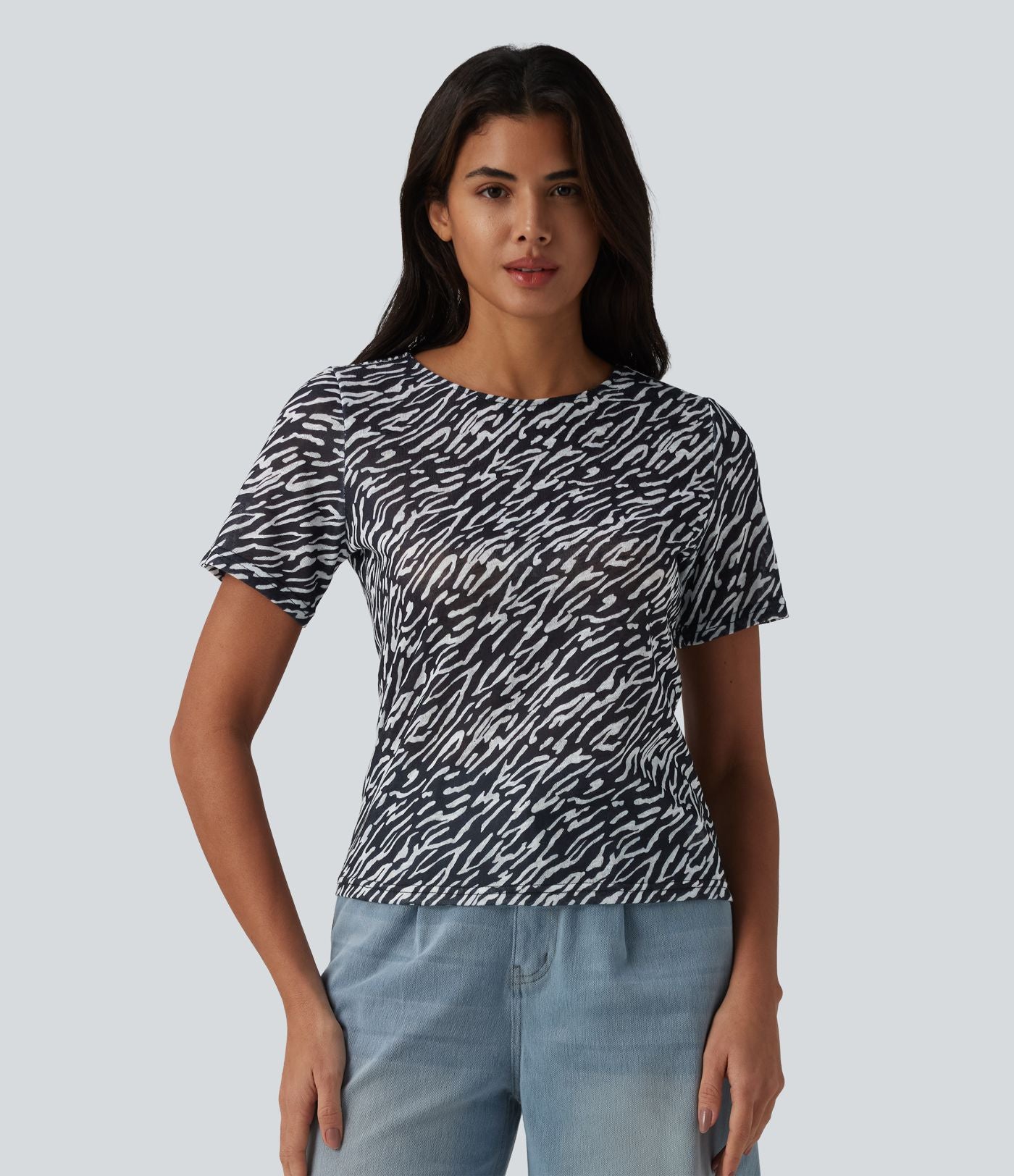 T-shirt casual imprimé zèbre col rond à manches courtes