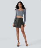 Mini-jupe moulante 2-en-1 SoftlyZero™ taille haute en simili, ourlet, effet sparkle métalisé, extensible avec poches