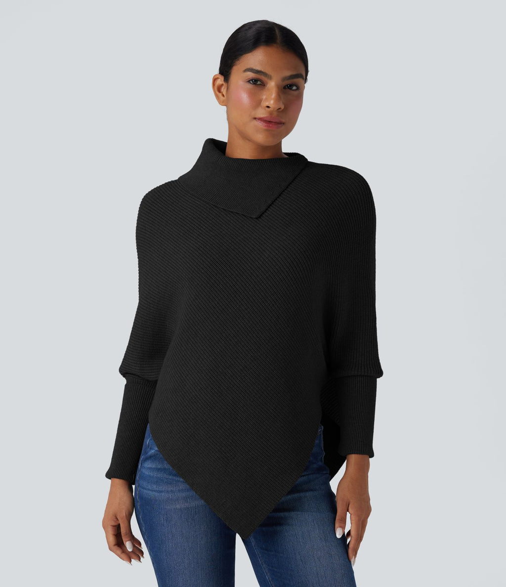 Pull cape décontracté col roulé manches chauve-souris ourlet asymétrique