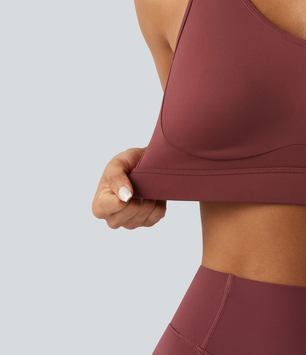 Brassière de sport de running maintien fort col V dos nu avec boucle ajustable et coussinets non amovibles