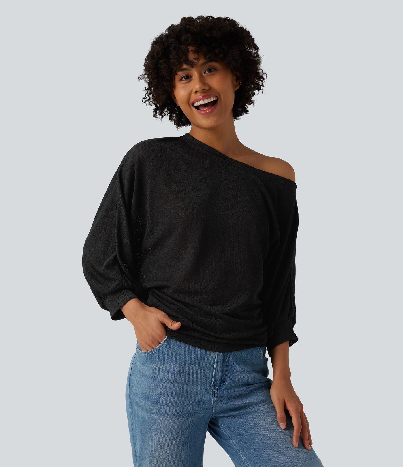 T-shirt décontracté semi-transparent une épaule dénudée à manches 3/4 et fronces