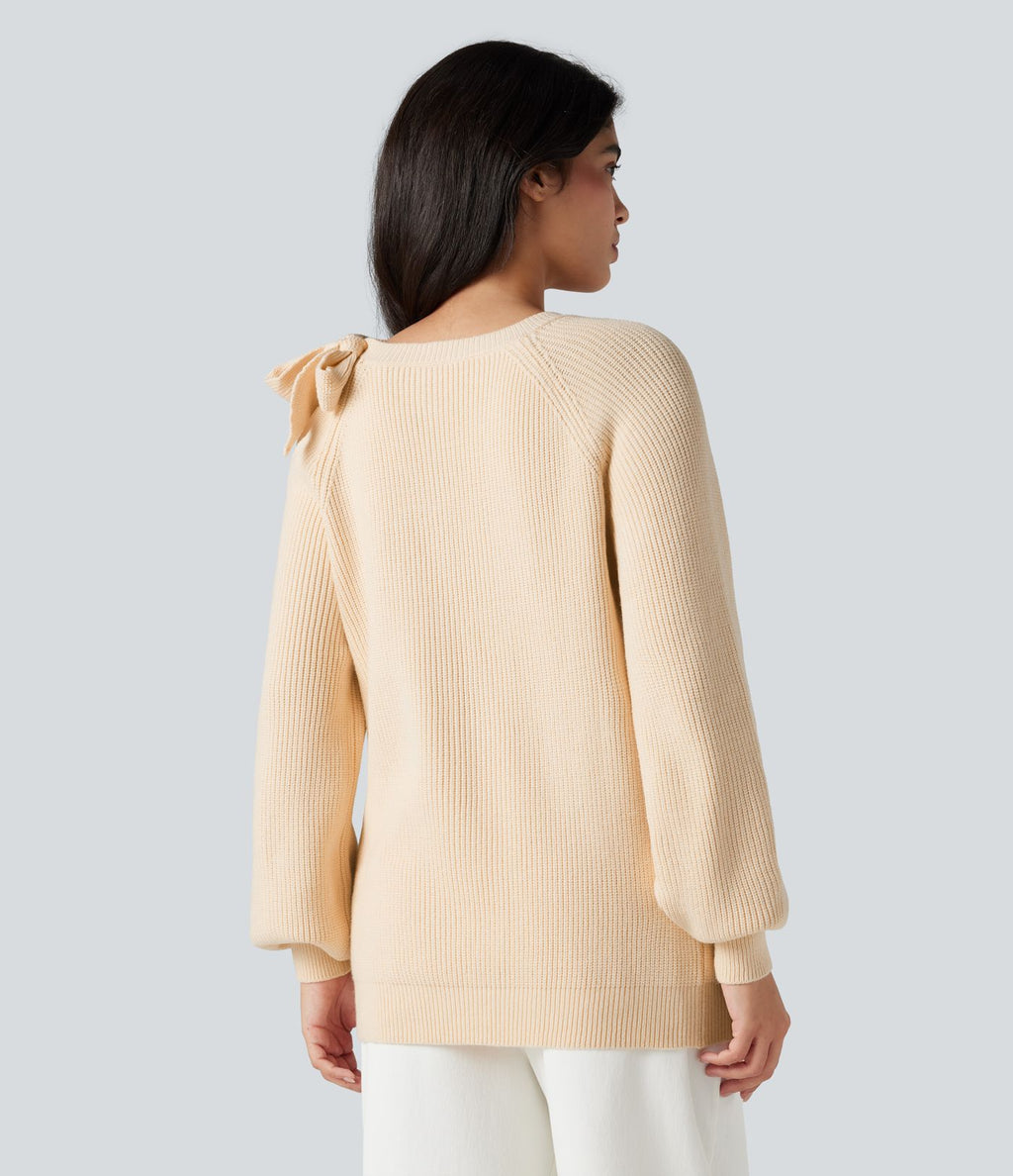 Top tricot col rond nœud latéral manches longues