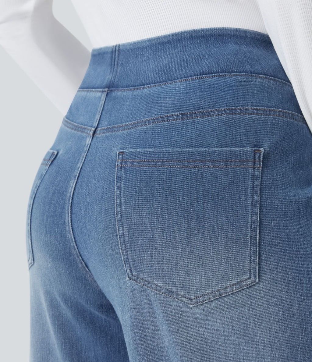 Halara Flex™ Jeans Larges Casual Taille Haute Multiples Poches Lavés Élastiques et Tricotés Grande Taille