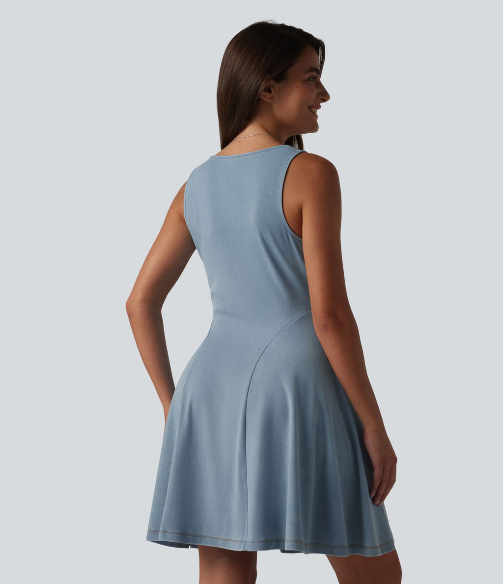 Robe évasée décontractée Halara Flex™ en denim à col V sans manches et drapée en lyocell lavé