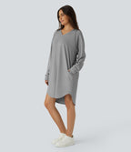 Robe Sweatshirt Casual à Capuche avec Cordon Poches Latérales Ourlet Courbé Asymétrique Oversize Mini en Tissu Gaufré