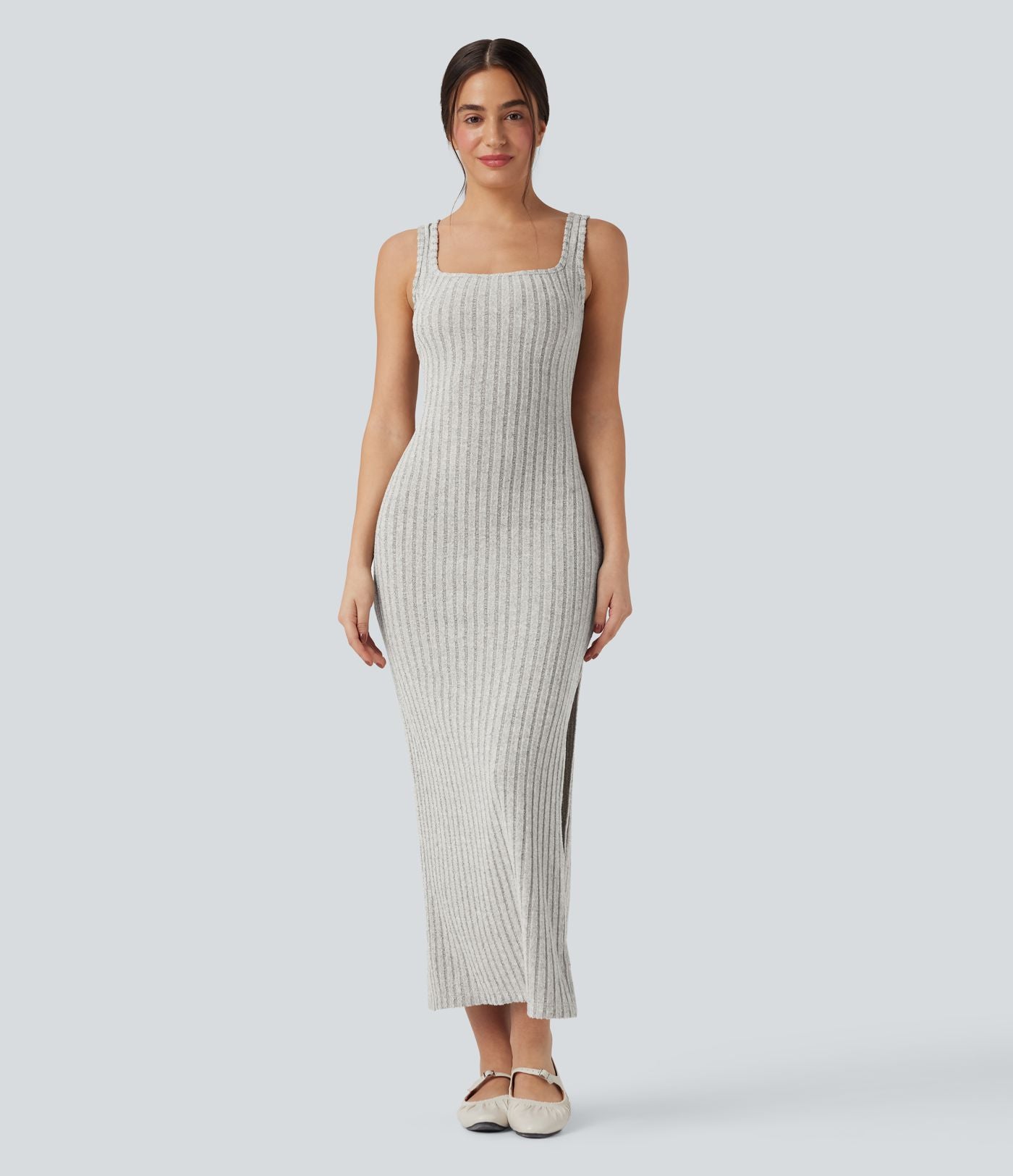 Robe longue moulante décontractée maille côtelée col carré sans manches dos torsadé avec fente