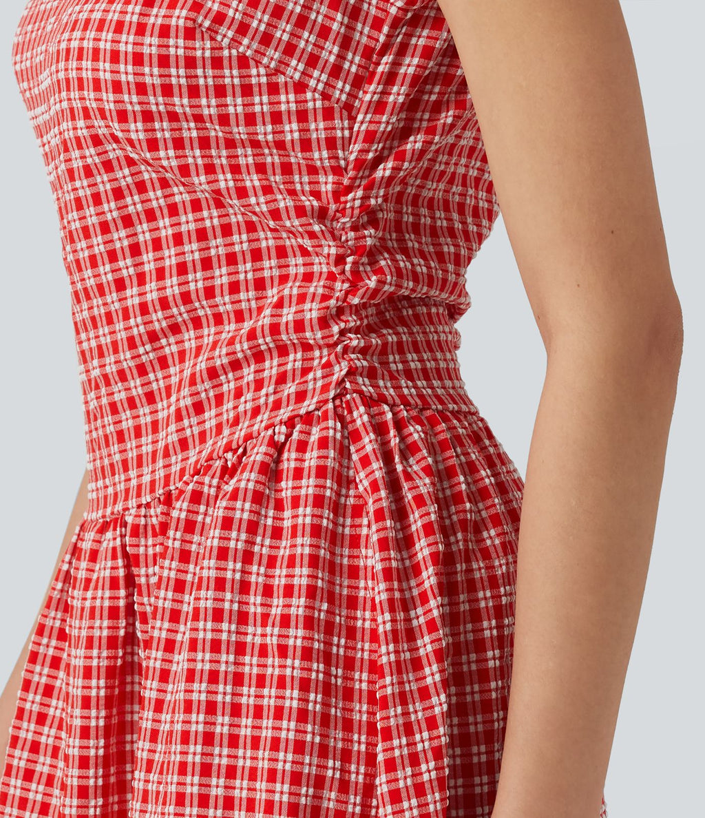 Robe midi décontractée à carreaux vichy, col bateau, sans manches, avec poches